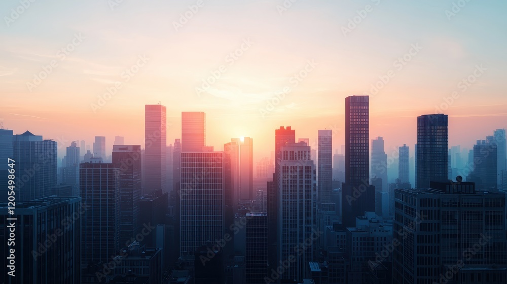 A breathtaking skyline at sunrise, showcasing towering buildings shrouded in mist, with soft hues of orange and blue reflecting the dawn. A breathtaking skyline at sunrise, showcasing towering buildings shrouded in mist, with soft hues of orange and blue reflecting the dawn.