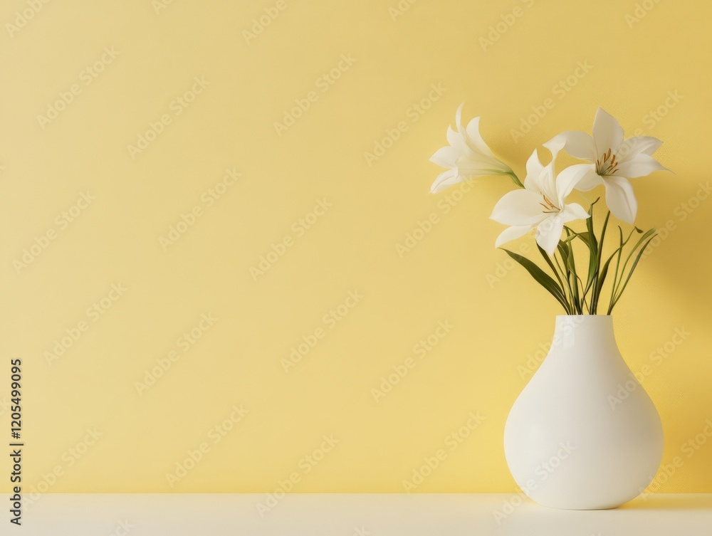 A simple white vase with white flowers against a yellow background, creating a serene ambiance. A simple white vase with white flowers against a yellow background, creating a serene ambiance.