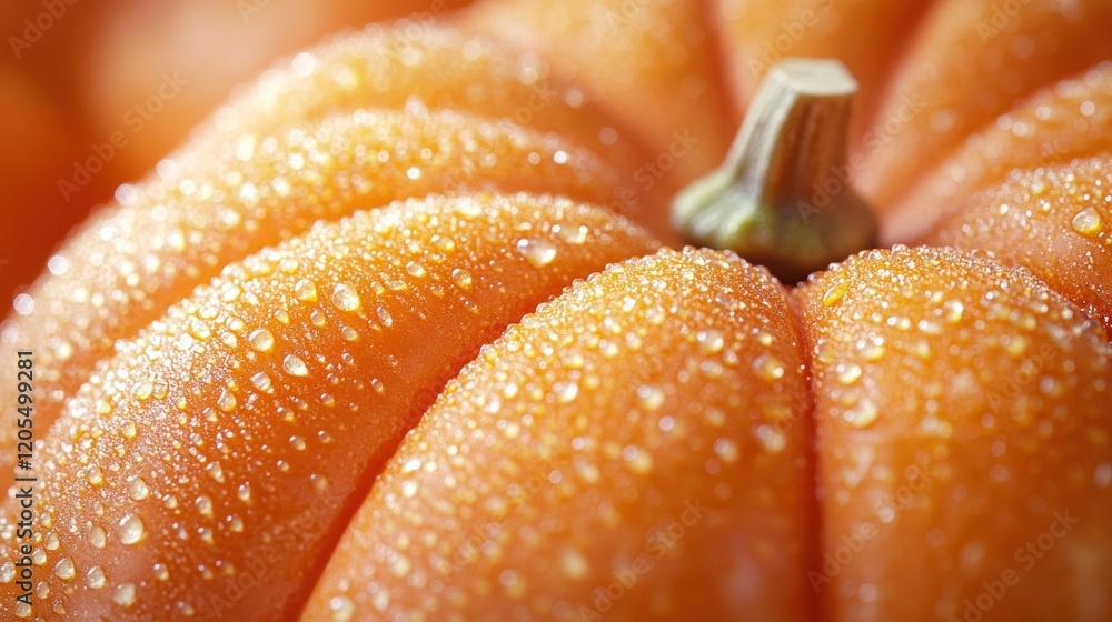 Close-up of dew-covered pumpkin highlighting natural autumn beauty Close-up of dew-covered pumpkin highlighting natural autumn beauty