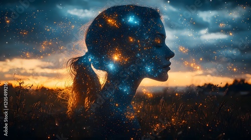 Ethereal Female Silhouette Filled with Galaxies Against a Stunning Sunset Sky, Capturing the Mysterious Interplay Between Nature and the Cosmos