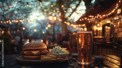 A delicious burger, fries, coleslaw, and a pint of beer sit on a table at a lively outdoor restaurant patio at dusk, adorned with string lights