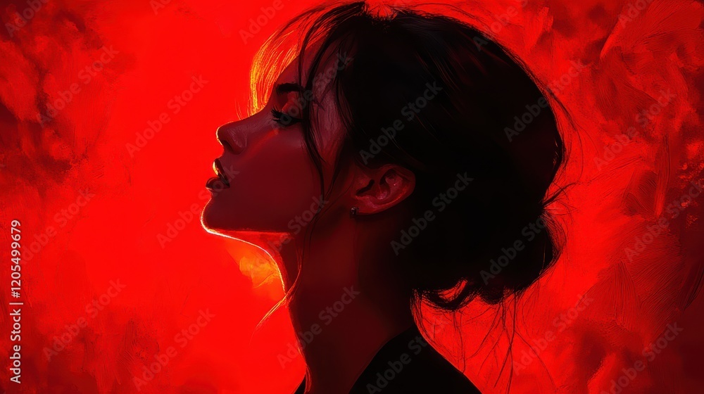 Fototapeta premium Profile of a woman against a dark red backdrop showcasing elegance and mystery in a moment of contemplation during a creative photo session