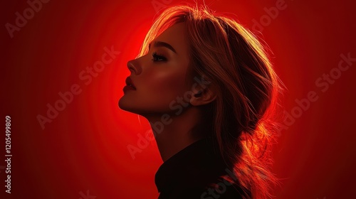 Elegant woman in profile against dark red background showcasing a captivating pose and expression during a studio photoshoot, highlighting her features and style