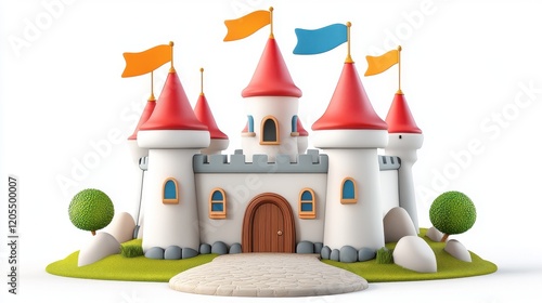 A colorful cartoon castle with red turrets, vibrant flags, and lush greenery, set on a stone pathway, evoking fairy tale imagery and playful imagination.