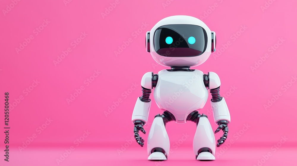 A cute, small robot stands against a vibrant pink background, featuring a friendly expression and glowing blue eyes. A cute, small robot stands against a vibrant pink background, featuring a friendly expression and glowing blue eyes.