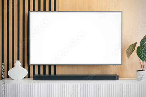 Modern living room interior with blank smart TV.