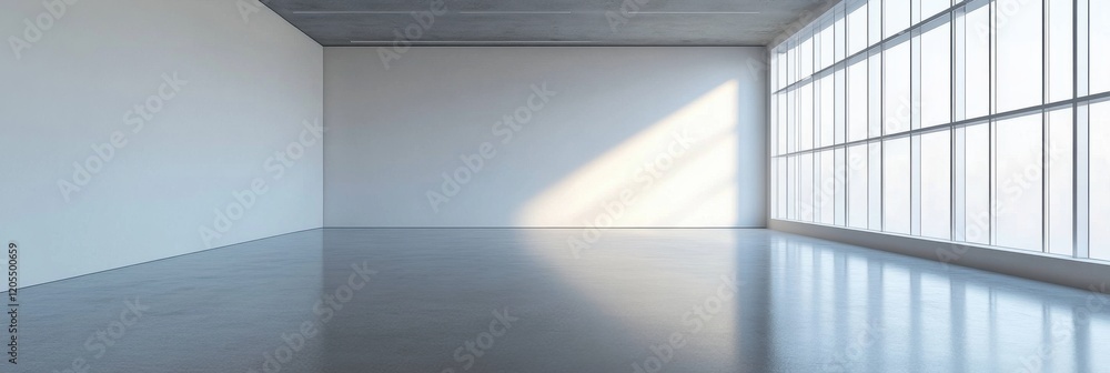 Fototapeta premium Sunlit empty minimalistic room with large windows and concrete floor