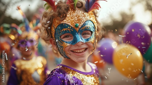 Joyful children wearing vibrant carnival masks and face paint celebrate Mardi Gras in a park, surrounded by colorful balloons and streamers photo