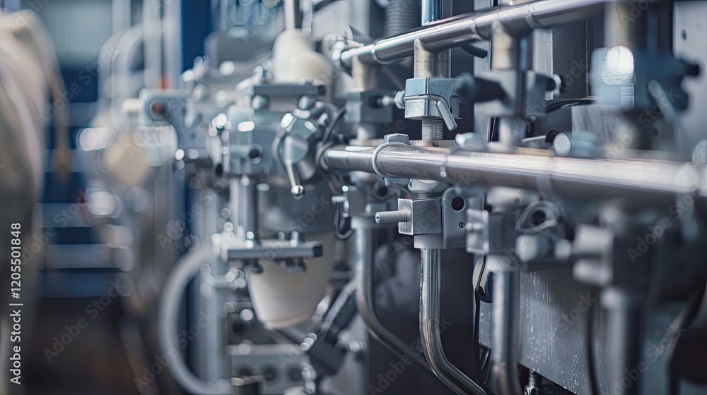 An automated milking machine with teat cups attached to a cow's udder, showcasing precision and efficiency at a dairy farm, with machinery and udder in focus. An automated milking machine with teat cups attached to a cow's udder, showcasing precision and efficiency at a dairy farm, with machinery and udder in focus.