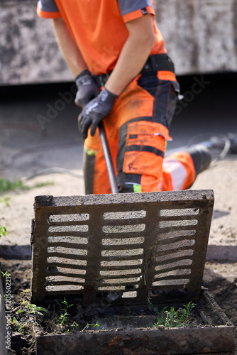 Worker Maintaining a Storm Drain Cover on a City Road During Repair Work