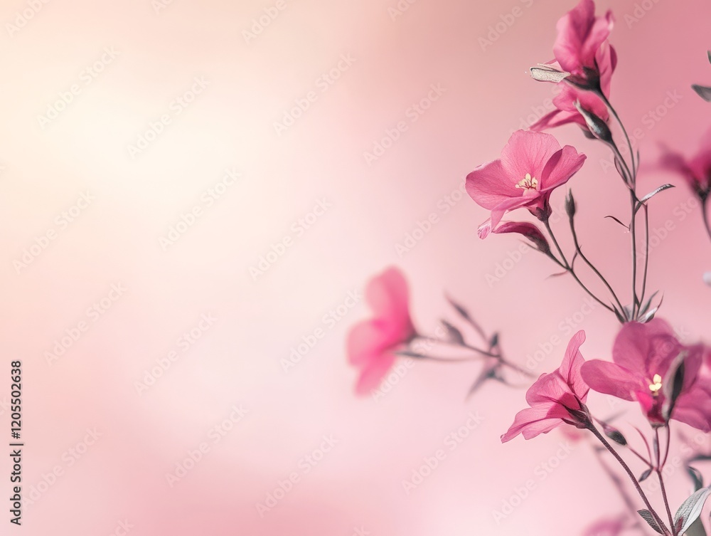Fototapeta premium A delicate arrangement of pink flowers against a soft pastel background.