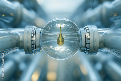 CONNECTING THE WORLD. A clean composition of a globe encased in clear piping, with a drop of oil at the center. The image symbolizes the interconnectedness of global energy resources. Concept.

 photo