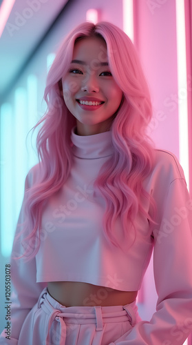 Young pretty Asian woman with glitter make-up wearing sporty fashion, model posing isolated on a colorful modern pink and blue background, k-pop style	