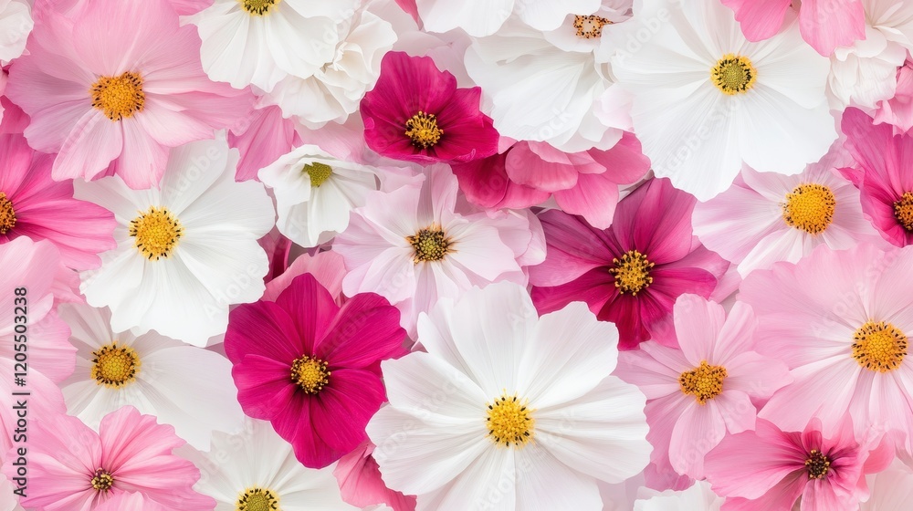 Cosmos Flower Pattern, intricate design featuring white and pink cosmos flowers, perfect for textiles and wallpapers, vibrant floral aesthetics Cosmos Flower Pattern, intricate design featuring white and pink cosmos flowers, perfect for textiles and wallpapers, vibrant floral aesthetics