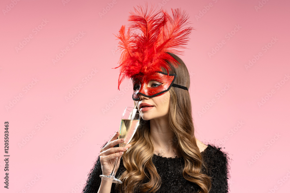 Fototapeta premium Woman wearing venetian mask drinking champagne at carnival party