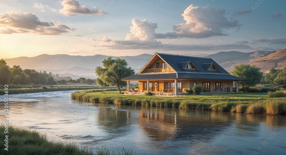 Obraz premium Bungalow by a calm river with distant hills in the background