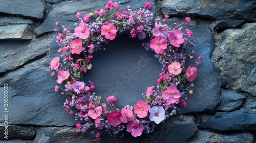 Decorative floral wreath with pink and purple flowers on rustic stone background