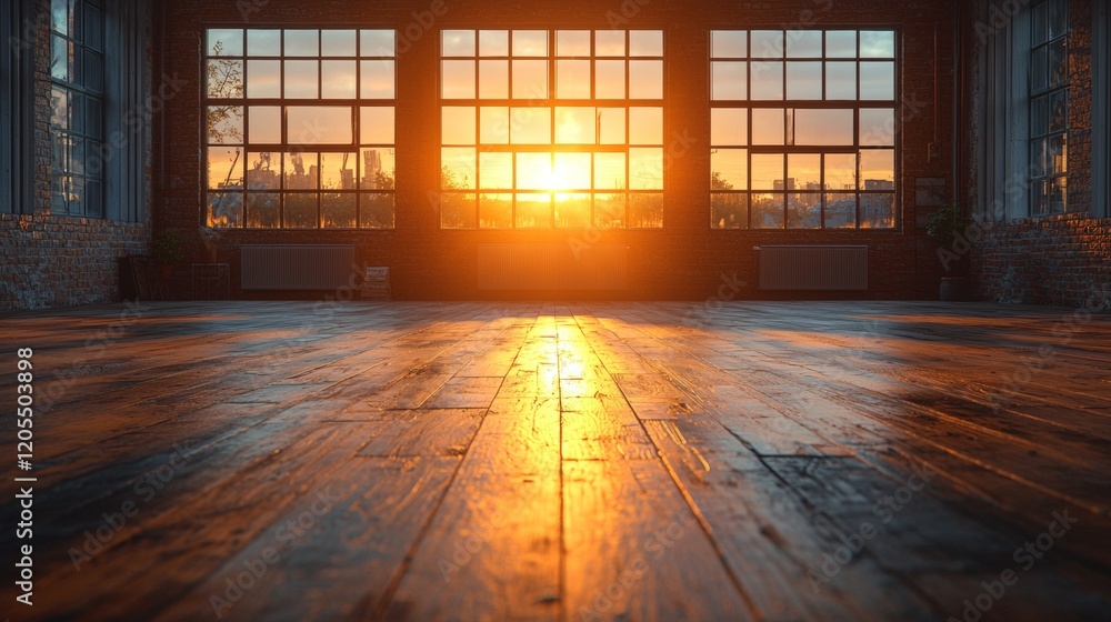 Sunset casting warm light through industrial windows Sunset casting warm light through industrial windows
