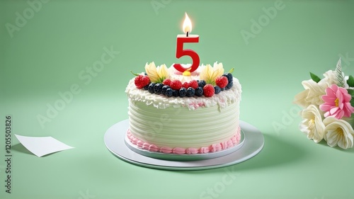 cake on green background, space for text, birthday greeting, five years, candle burning, berries and decoration on a cupcake