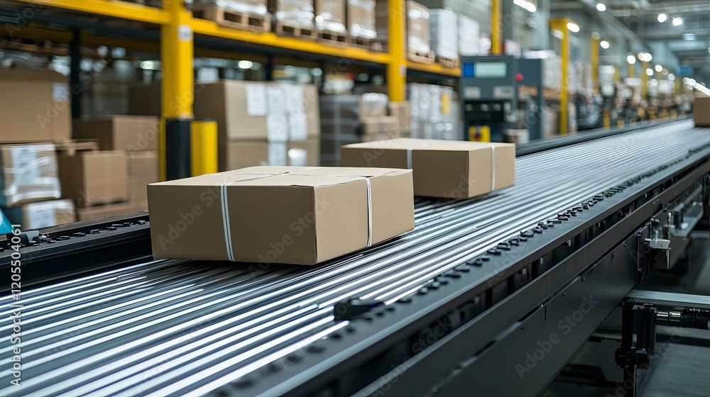 Naklejka premium Industrial Supply Chain Management Logistic Transportation Business Economic Packages moving on a conveyor belt in a factory.