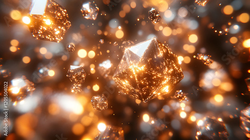 Sparkling Gold Crystal Cluster in a Floating Abstract Fantasy Scene photo