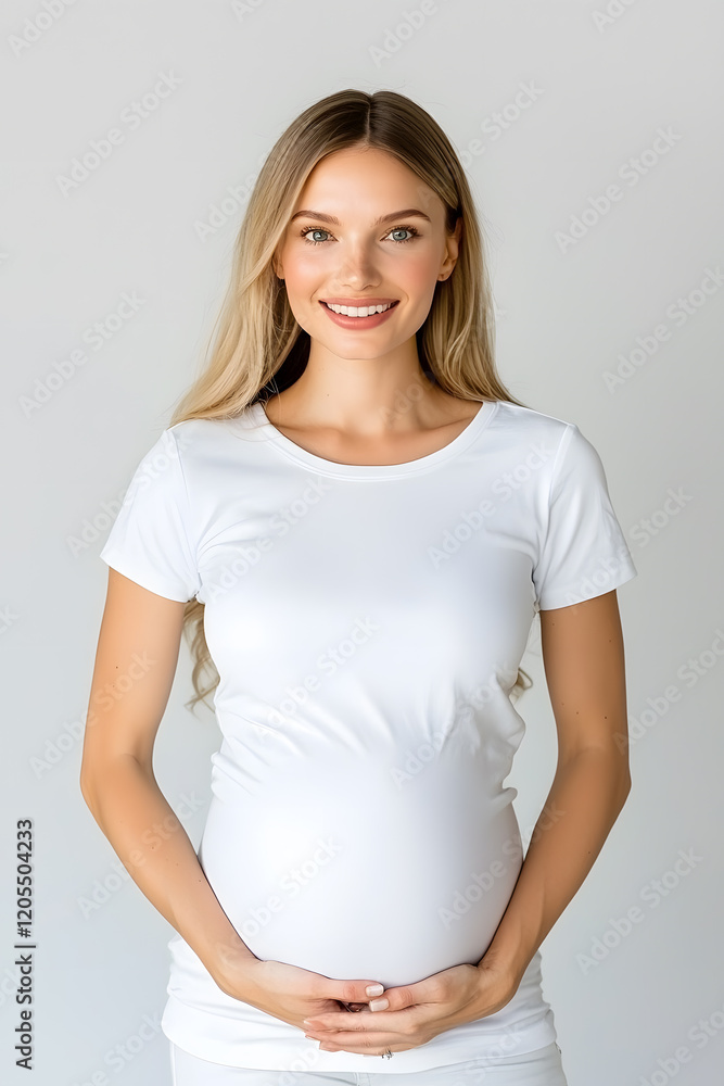 Obraz premium Beautiful young pregnant woman in white t-shirt during last months of pregnancy holding her big belly gently standing against wall
