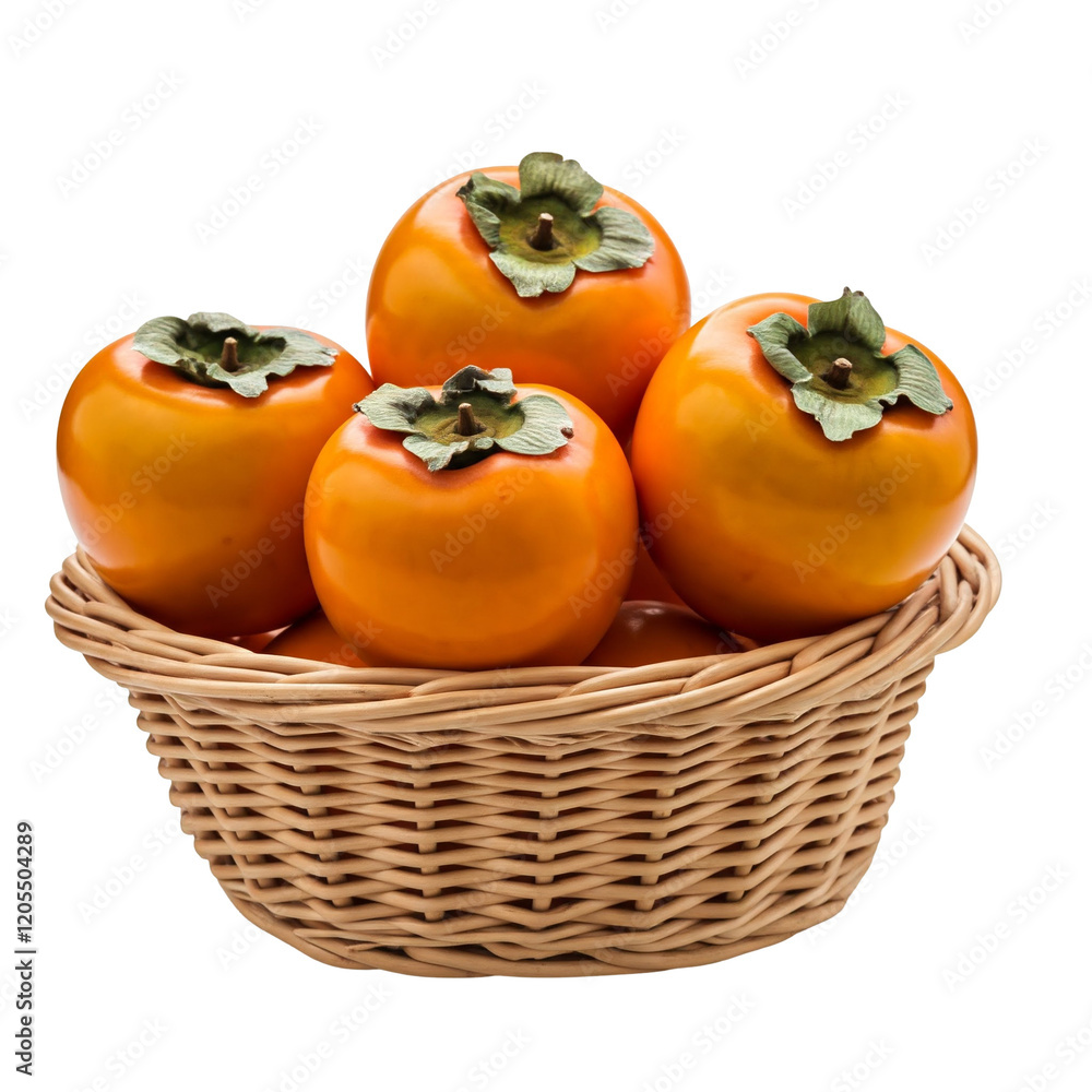A Rustic Basket Containing Ripe Persimmons, Their Orange Skins Glossy and Smooth, on a White Background A Rustic Basket Containing Ripe Persimmons, Their Orange Skins Glossy and Smooth, on a White Background