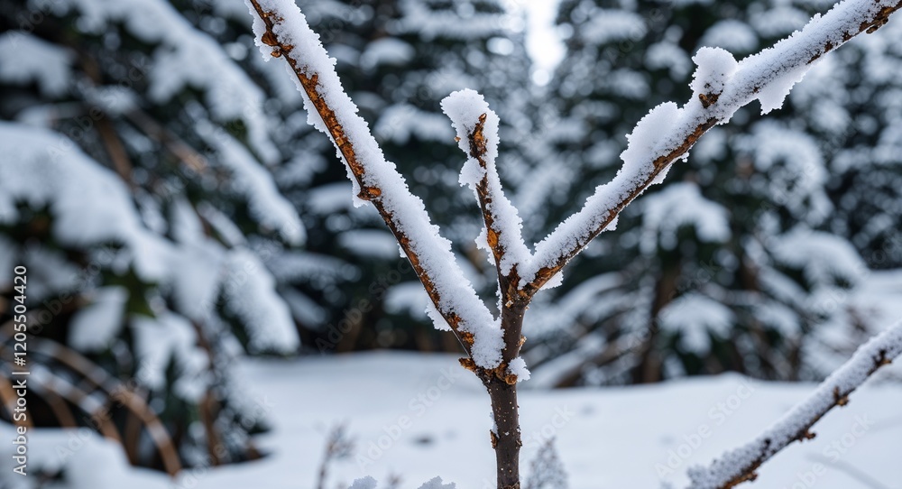 Close up of snow covered twigs against a background of snowy pines Close up of snow covered twigs against a background of snowy pines