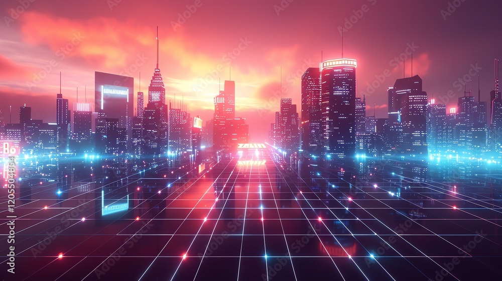 Fototapeta premium A cyberpunk cityscape with neon lights reflecting on the ground.
