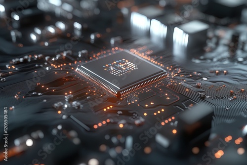 High-tech microprocessor on a circuit board glowing with intricate details during a close-up view photo