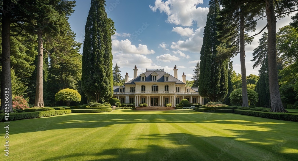 Obraz premium Luxurious mansion surrounded by lush greenery and tall trees