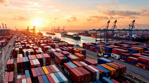 A bustling shipping port with containers, cranes, and cargo ships operating at sunset. Key hub for global trade and logistics