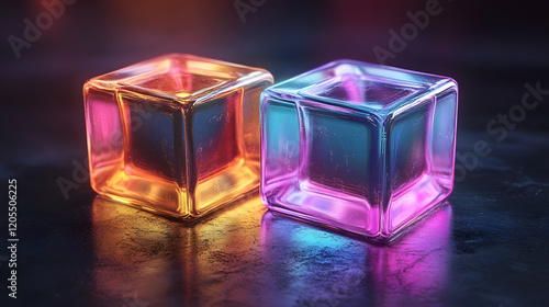 Iridescent Cubes with Radiant Glows in a Dark Abstract Background photo