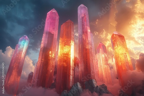 ethereal crystal cathedral floating among cosmic clouds with rainbow light beams streaming through translucent pillars reaching into infinity photo