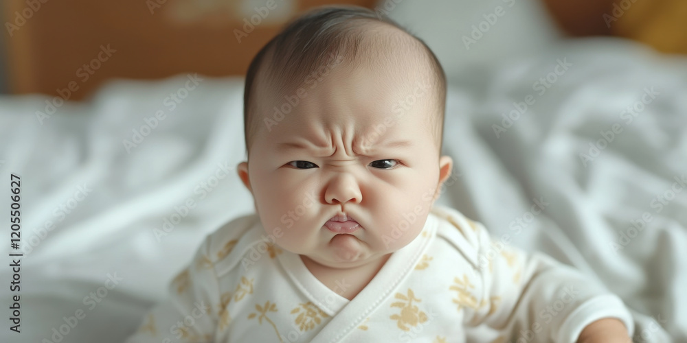 Baby showing a funny expression while sitting on a bed in a cozy room with soft lighting during the morning Baby showing a funny expression while sitting on a bed in a cozy room with soft lighting during the morning