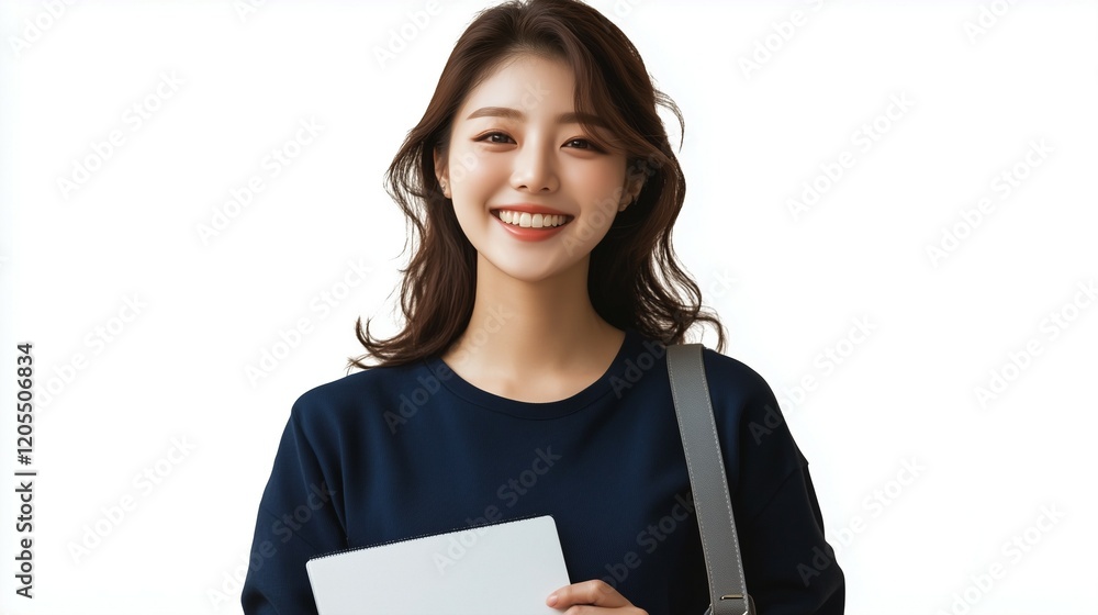 Young, beautiful korean woman, a student, smiling and holding a notebook on a isolated white background with copy space. She wears a navy blue shirt and carries a grey leather bag Young, beautiful korean woman, a student, smiling and holding a notebook on a isolated white background with copy space. She wears a navy blue shirt and carries a grey leather bag