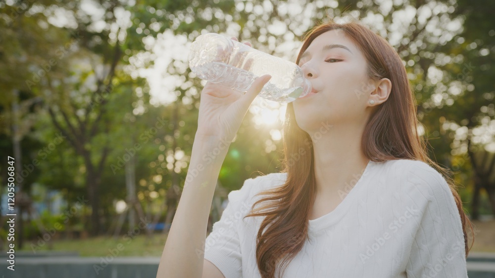 Portrait of asian beautiful young asian woman holding a bottle of water to drink. fresh water, drinking water in a reusable water bottle in sunny park. happiness woman in outdoors activity Portrait of asian beautiful young asian woman holding a bottle of water to drink. fresh water, drinking water in a reusable water bottle in sunny park. happiness woman in outdoors activity