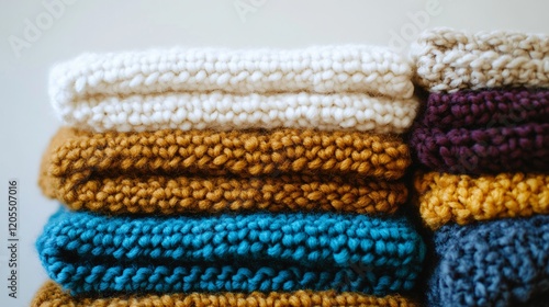 Stack of Colorful Knitted Wool Scarves Winter Warmth Texture