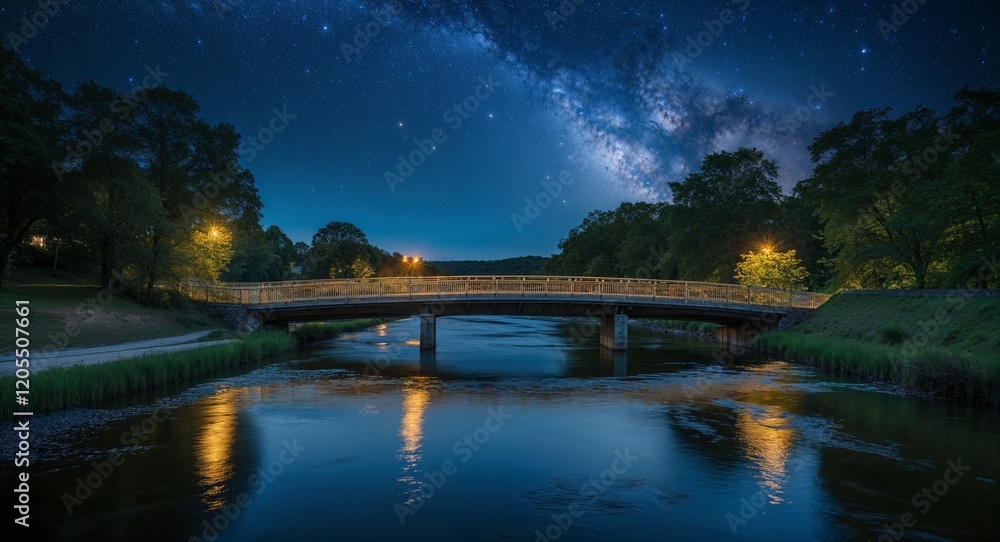 Peaceful bridge over a still river with night sky background Peaceful bridge over a still river with night sky background