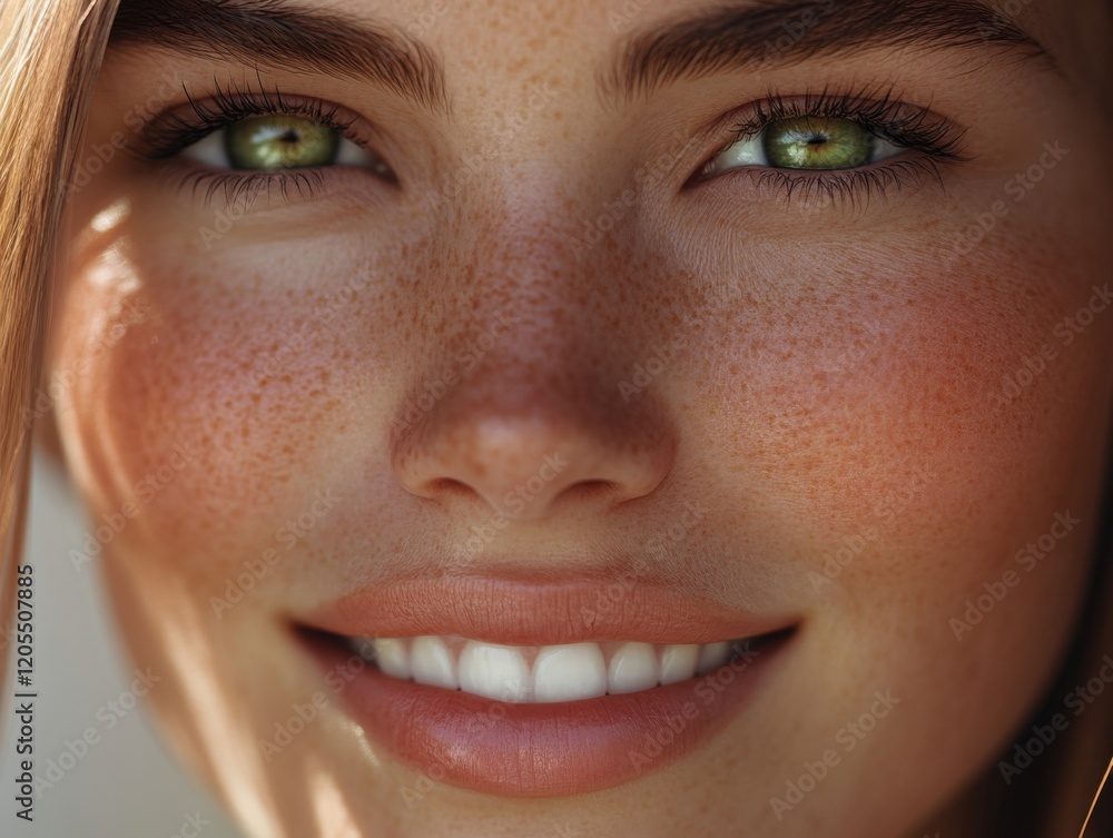 Naklejka premium Close-up of a smiling young woman with green eyes and freckles enjoying warm sunlight on her face in an outdoor setting during daytime