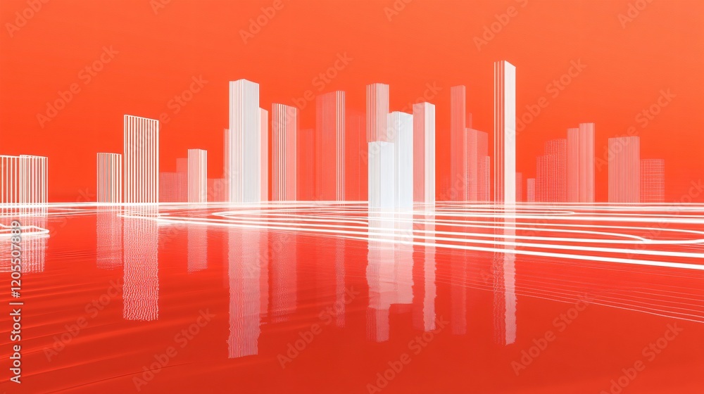 Naklejka premium Abstract Cityscape Wireframe Reflection Red