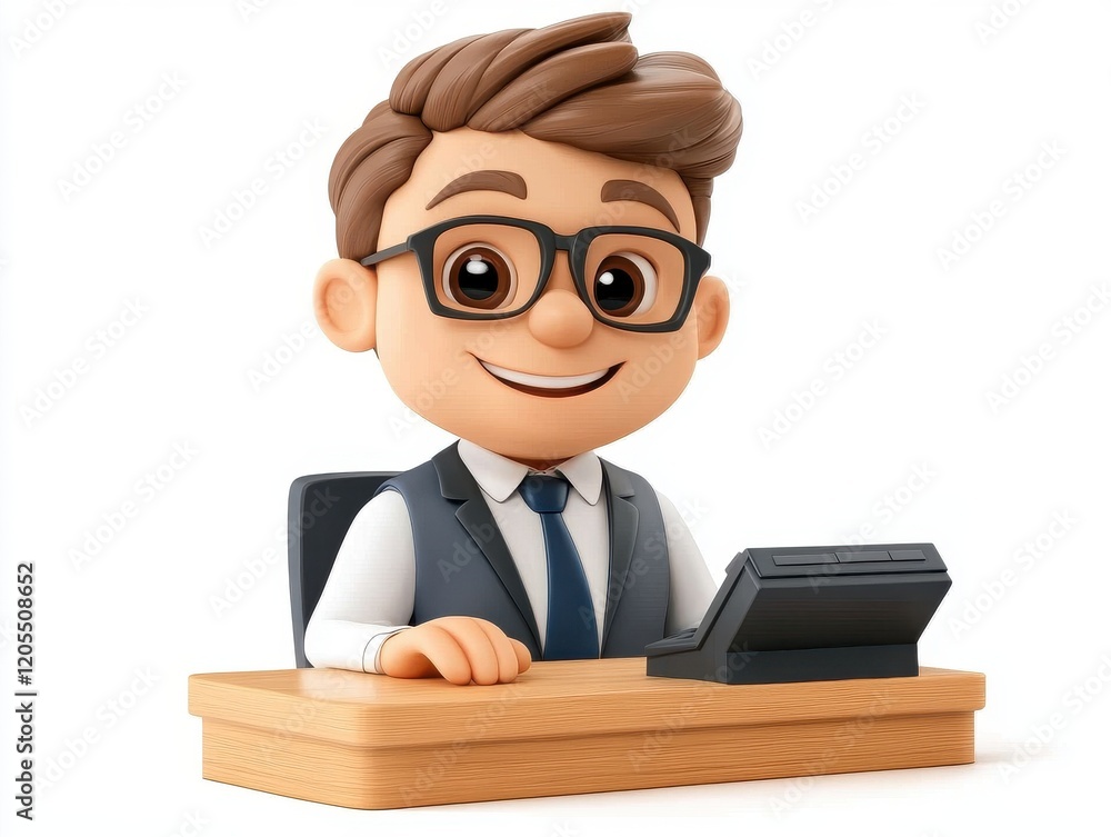 A cheerful animated character in formal attire sits at a desk with a computer, exuding a friendly and professional vibe. A cheerful animated character in formal attire sits at a desk with a computer, exuding a friendly and professional vibe.