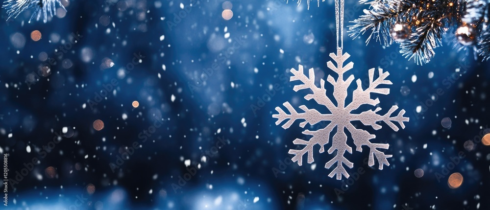 Silver Snowflake Ornament Hanging On Snowy Winter Branch Silver Snowflake Ornament Hanging On Snowy Winter Branch