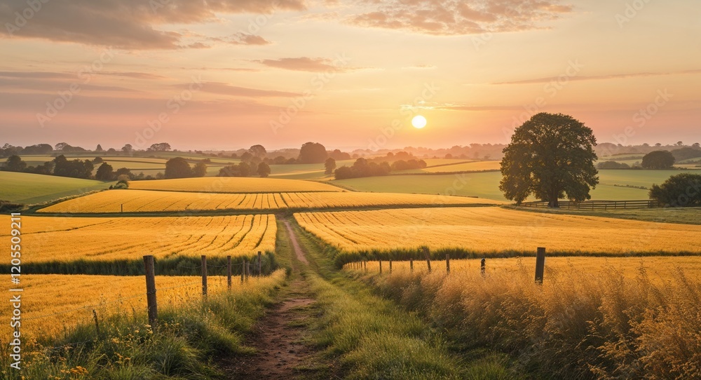 Fototapeta premium Serene countryside with golden fields and soft sunset light background