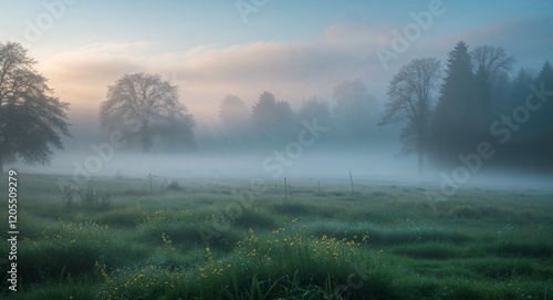 Wallpaper Mural Serene morning atmosphere over a fog covered meadow Torontodigital.ca