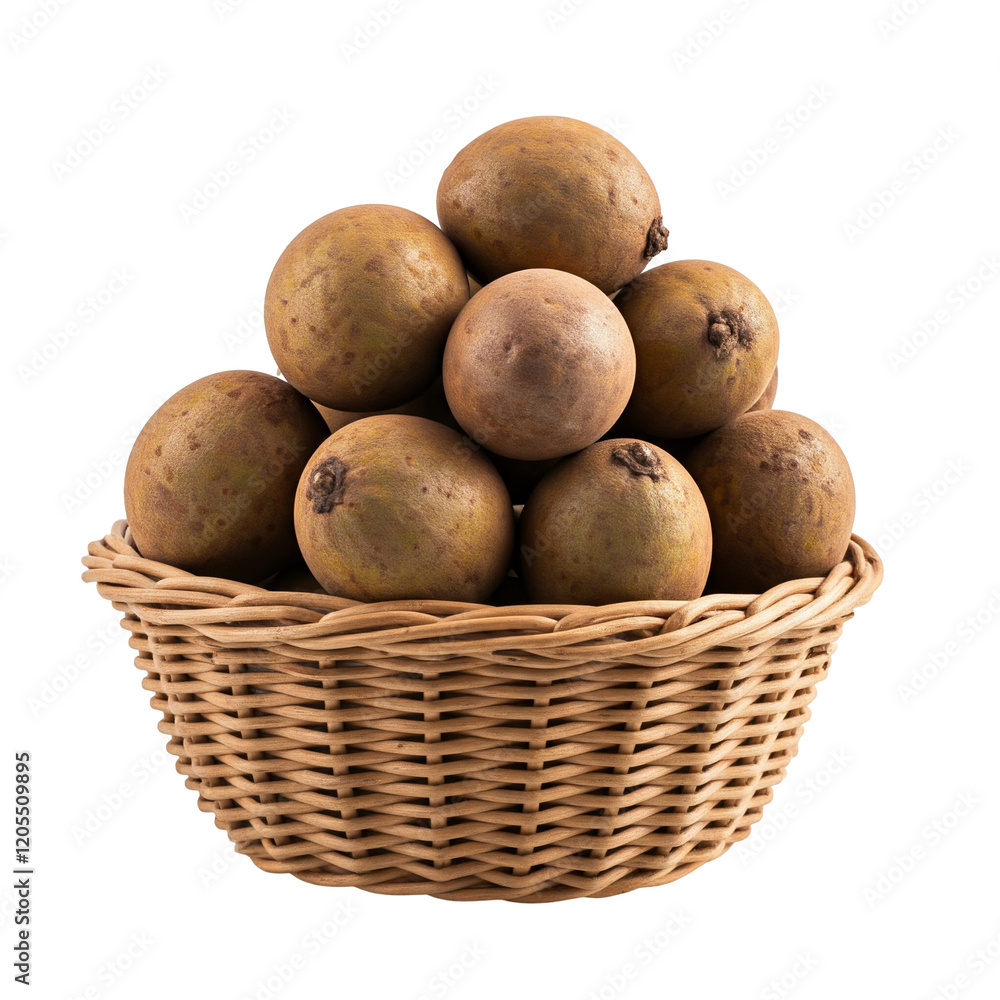 A Woven Basket of Sapodilla Fruits, Their Brown Skin Contrasting with the Clean White Backdrop A Woven Basket of Sapodilla Fruits, Their Brown Skin Contrasting with the Clean White Backdrop