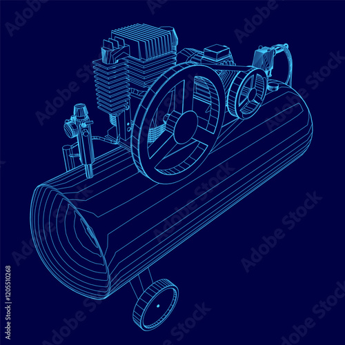 Blue drawing of a compressor. The compressor is a large, blue object with a white line running through it