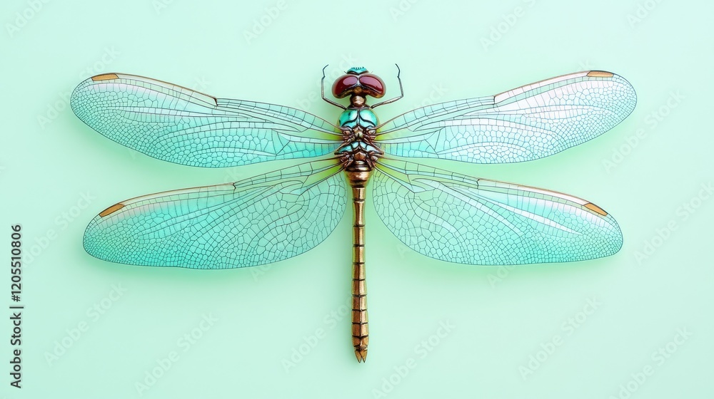 A dragonfly-shaped brooch with iridescent wings, set on a soft pastel green background. A dragonfly-shaped brooch with iridescent wings, set on a soft pastel green background.