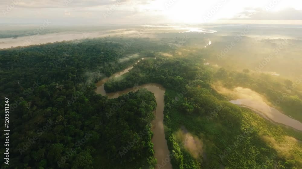 Aerial drone image of a tropical Amazon river flowing through a Amazon rainforest, dark water and lush vegetation. Cinematic aerial footage of the amazon rainforest showing a river through the jungle.