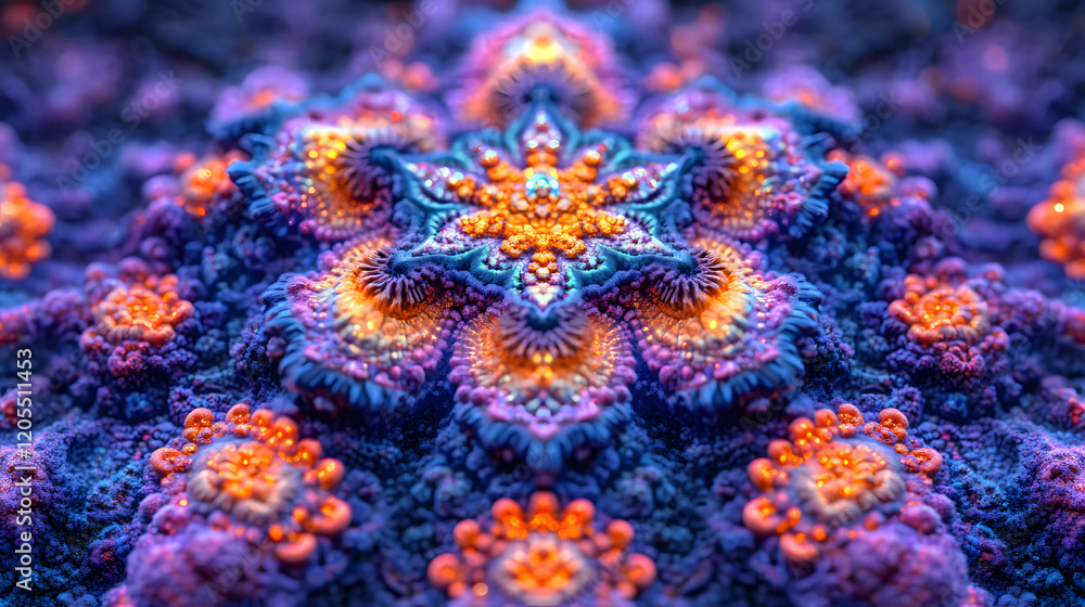 Fototapeta premium Intricate fractal design with vibrant blue and orange hues forming symmetrical organic patterns in a textured digital art composition